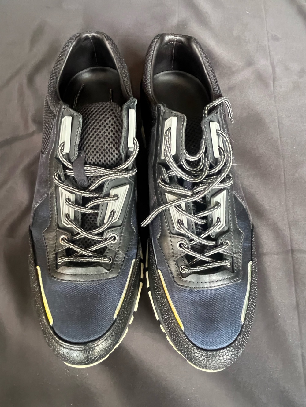 Lanvin Black and Navy Lace-Up Sneakers with Yellow Trim